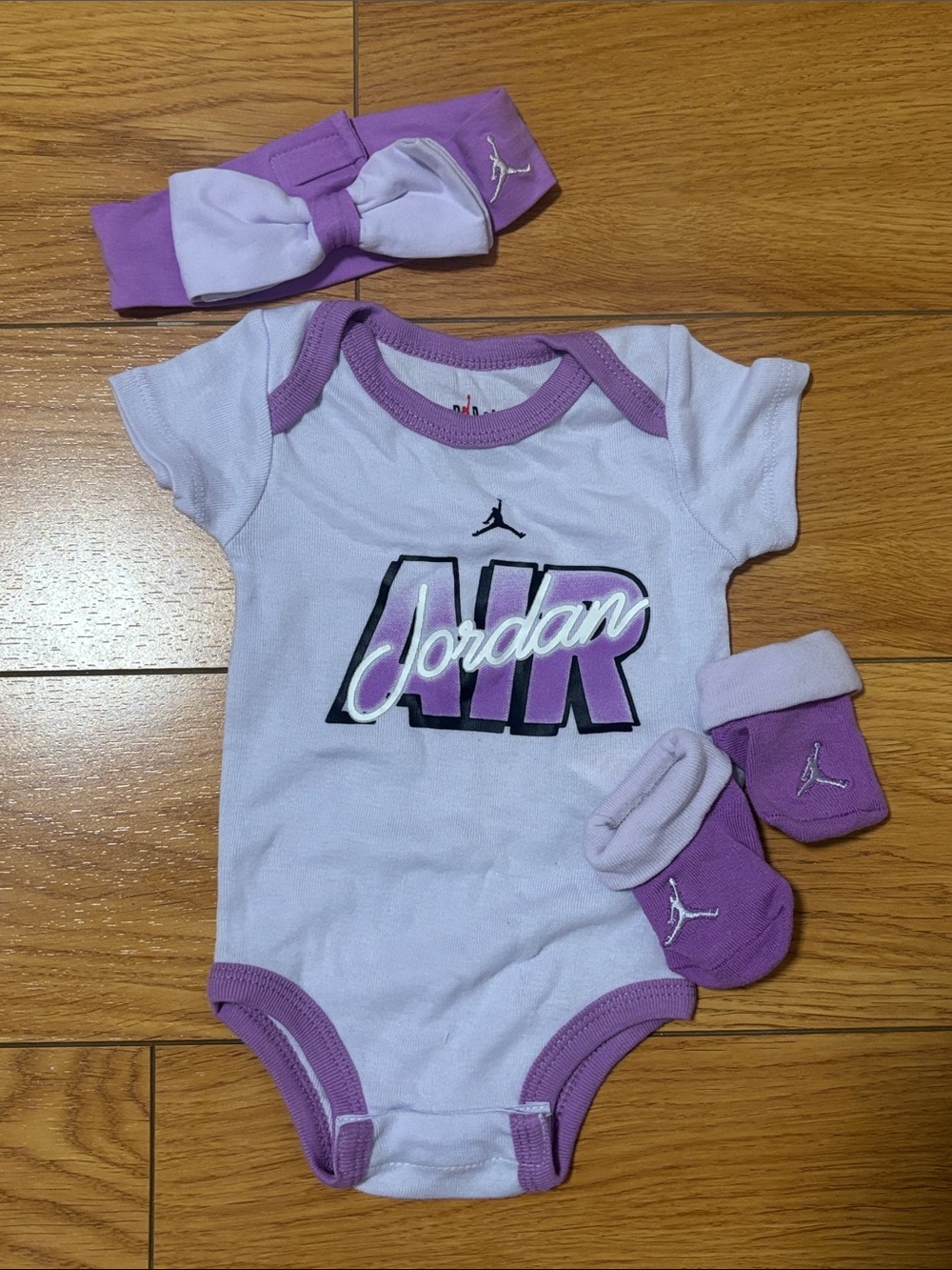 Jordan White & Purple AIR Logo Baby One-Piece with Matching Headband and Booties